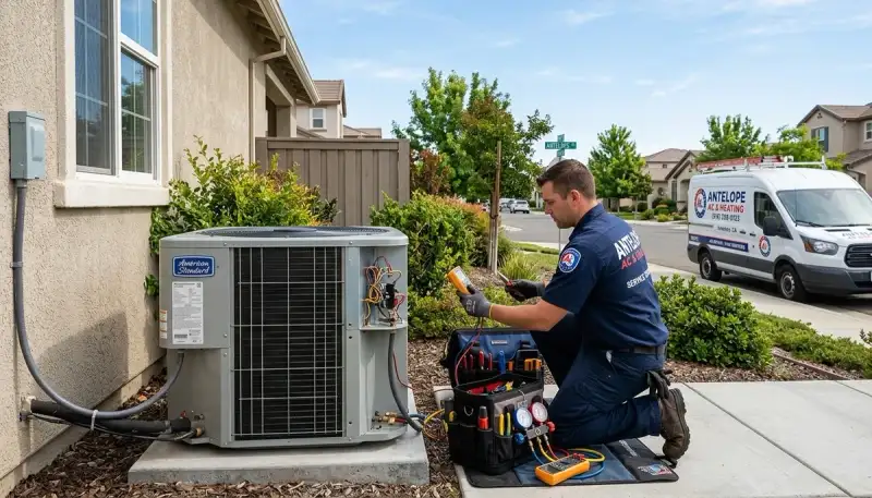 Professional AC repair service technicians in Sacramento, CA fixing residential air conditioning units