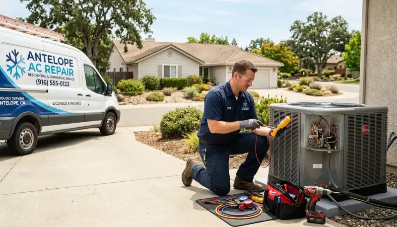 Professional AC repair technician servicing air conditioner in Sacramento, CA