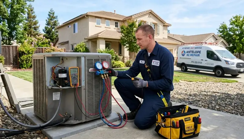 HVAC technician performing AC repair service in Sacramento CA home