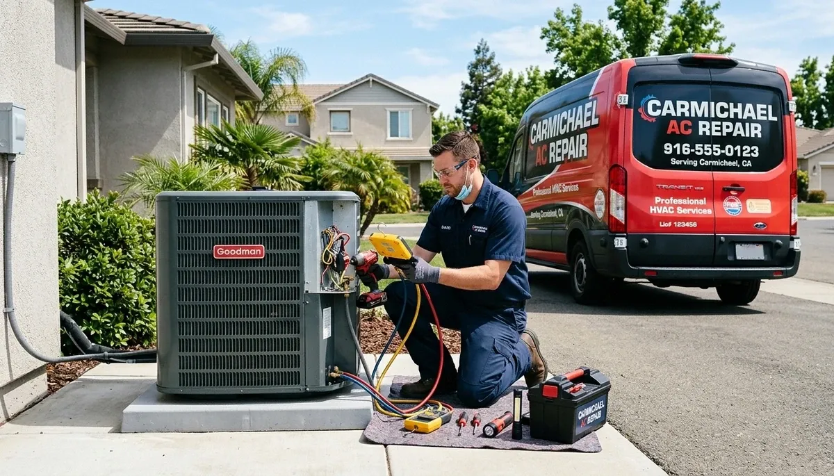 AC repair technician servicing residential air conditioner in Sacramento, CA