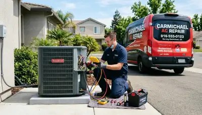 AC repair technician servicing residential air conditioner in Sacramento, CA
