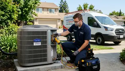 Professional AC repair technician servicing air conditioner unit in Sacramento, CA
