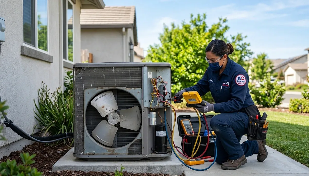 Professional AC repair technician servicing air conditioner in Sacramento, CA home