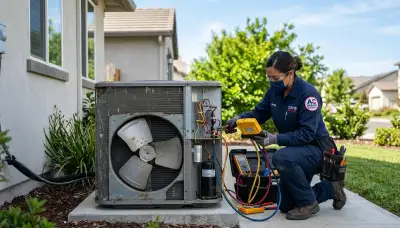 Professional AC repair technician servicing air conditioner in Sacramento, CA home