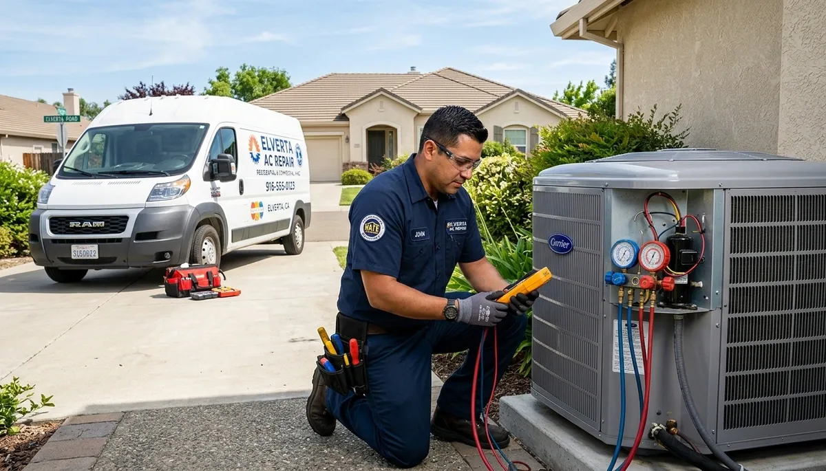 Professional AC repair technician servicing air conditioner in Sacramento, CA