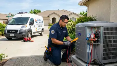Professional AC repair technician servicing air conditioner in Sacramento, CA