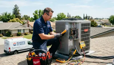 Professional AC repair technician servicing air conditioner in Sacramento, CA home