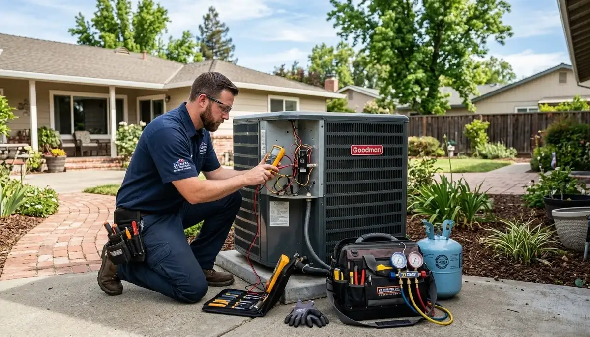 Professional AC repair technician servicing air conditioning unit in Sacramento, CA