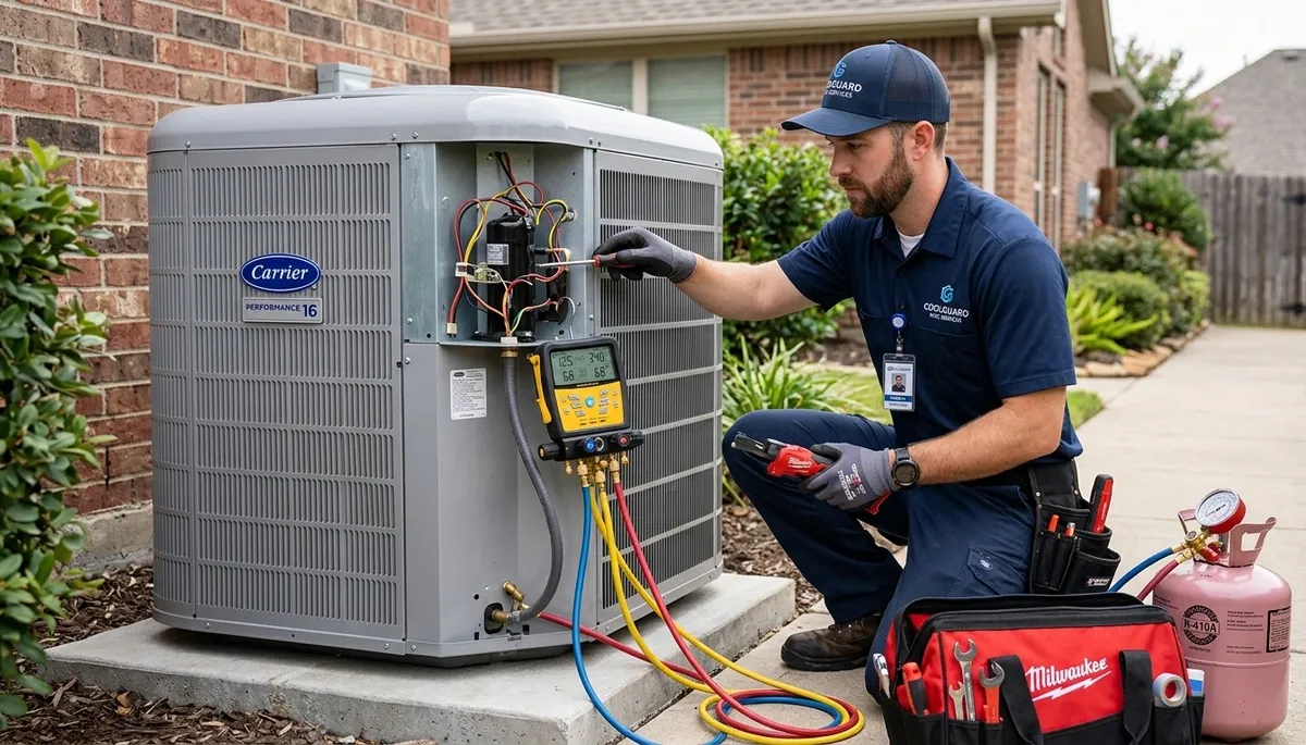 Technician performing residential AC repair in Sacramento, CA for Five Star Cooling