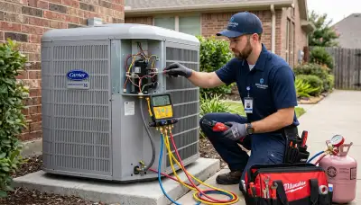 Technician performing residential AC repair in Sacramento, CA for Five Star Cooling