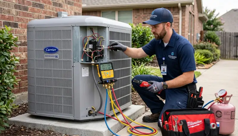 Technician performing residential AC repair in Sacramento, CA for Five Star Cooling
