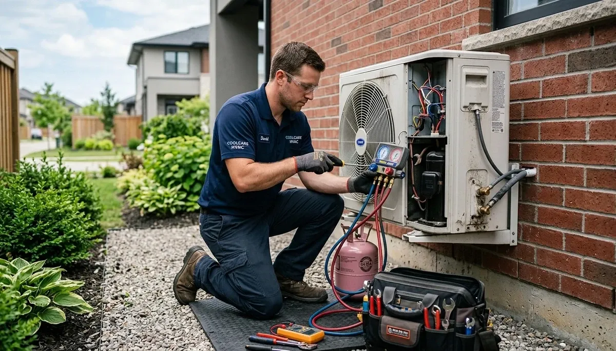 Technician performing AC repair service at home in Sacramento, CA for Five Star Cooling