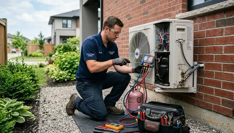 Technician performing AC repair service at home in Sacramento, CA for Five Star Cooling