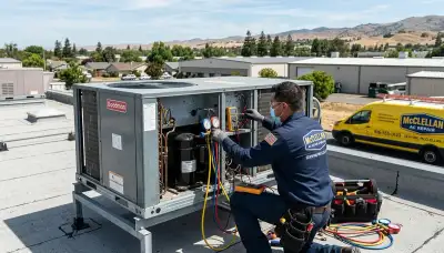 Professional AC repair technician servicing air conditioner in Sacramento, CA home