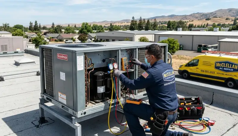 Professional AC repair technician servicing air conditioner in Sacramento, CA home