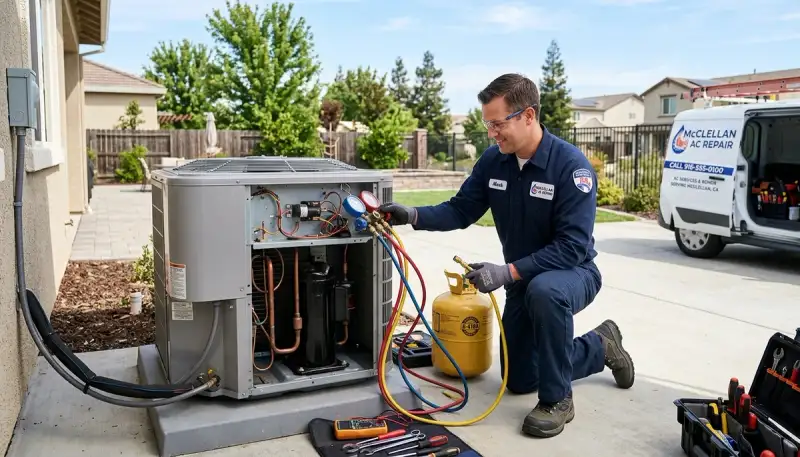 Professional AC repair technician servicing air conditioner unit in Sacramento, CA