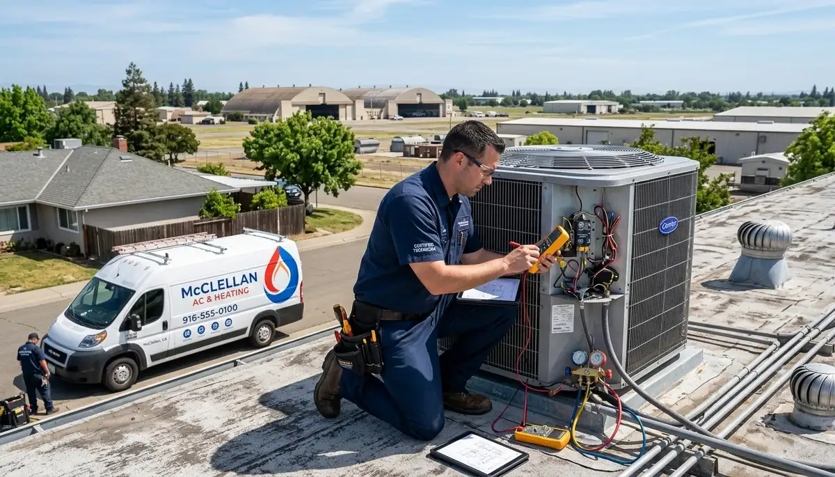 Professional AC repair technician servicing air conditioner in Sacramento, CA