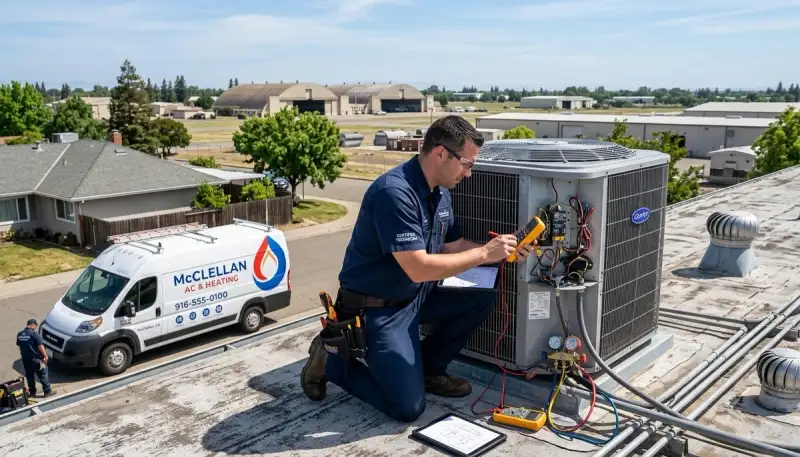 Professional AC repair technician servicing air conditioner in Sacramento, CA