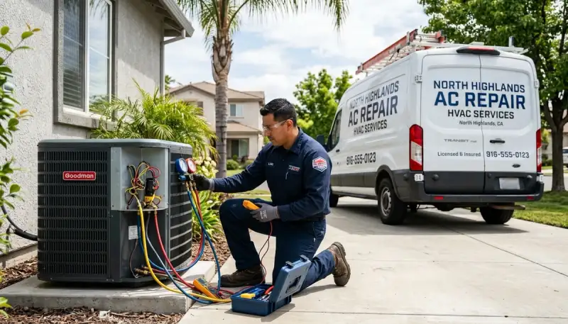 AC repair technician servicing residential air conditioner in Sacramento, CA