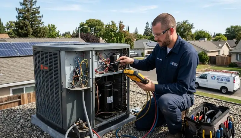 Professional AC repair technician servicing air conditioner unit in Sacramento, CA