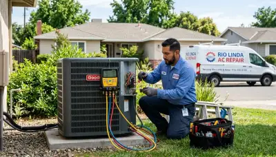 Professional AC repair technician servicing air conditioner unit in Sacramento, CA