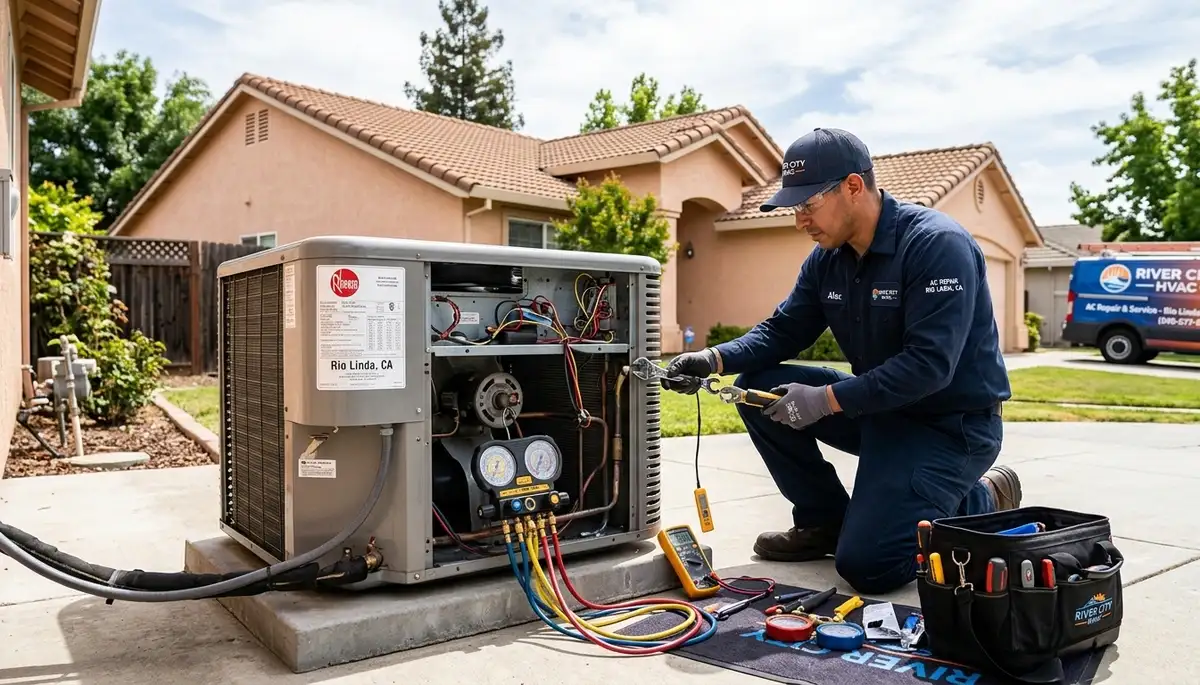 Professional AC repair technician servicing residential air conditioner in Sacramento, CA