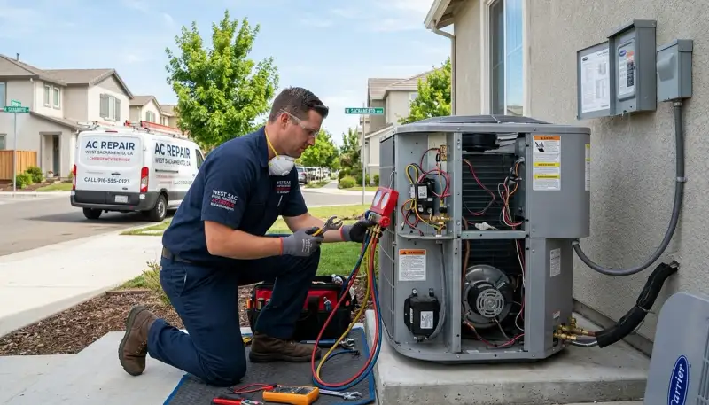 HVAC technician performing residential AC repair service in Sacramento, CA