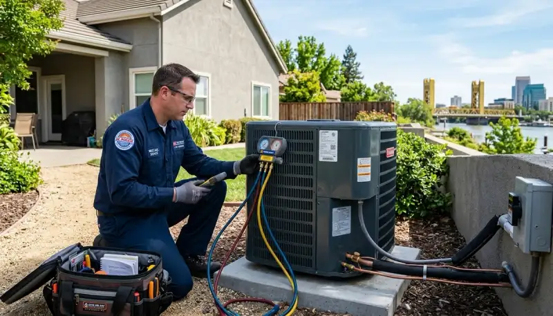 HVAC technician performing AC repair service in Sacramento CA home for acsacramentoca.com