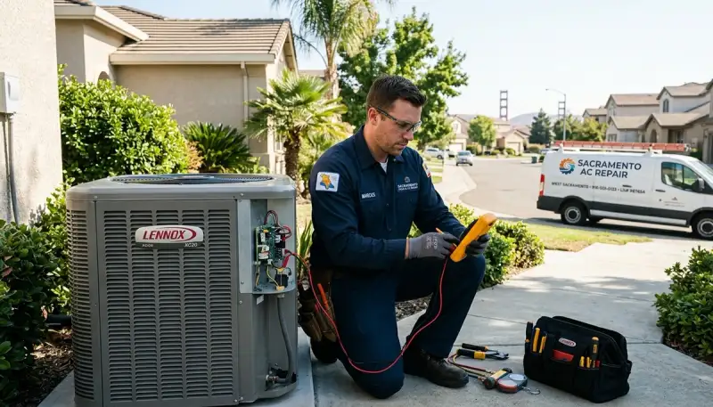 HVAC technician performing residential AC repair service in Sacramento, CA