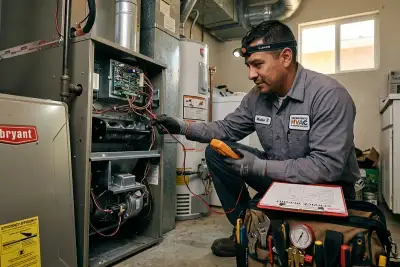 Technician performing professional furnace repair at a Sacramento, CA home for Five Star Cooling