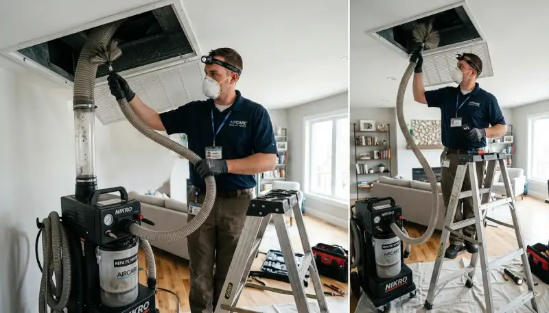 Technician cleaning residential air ducts in Sacramento, CA for improved HVAC airflow and indoor air quality