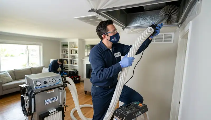 Technician cleaning air ducts for residential HVAC system in Sacramento, CA