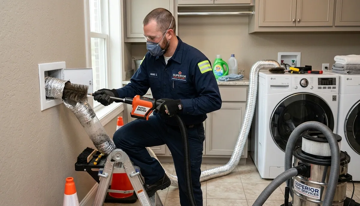Technician cleaning dryer vent for home safety in Sacramento, CA – Five Star Cooling service