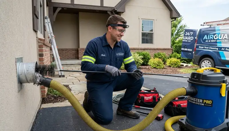 Technician cleaning residential dryer vent system in Sacramento, CA for improved airflow and safety