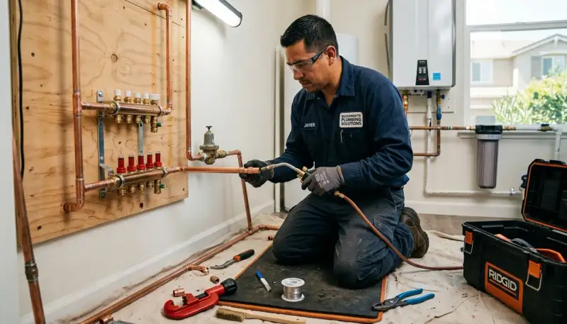 Skilled plumber performing pipe installation and repair in Sacramento, CA for Five Star Cooling