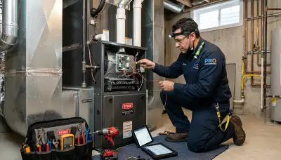 Technician performing furnace repair in Sacramento, CA for Five Star Cooling heating service