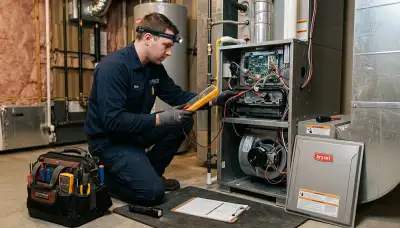 Technician performing heating repair on furnace system in Sacramento, CA home