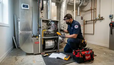 Technician performing heating repair on furnace in Sacramento, CA home