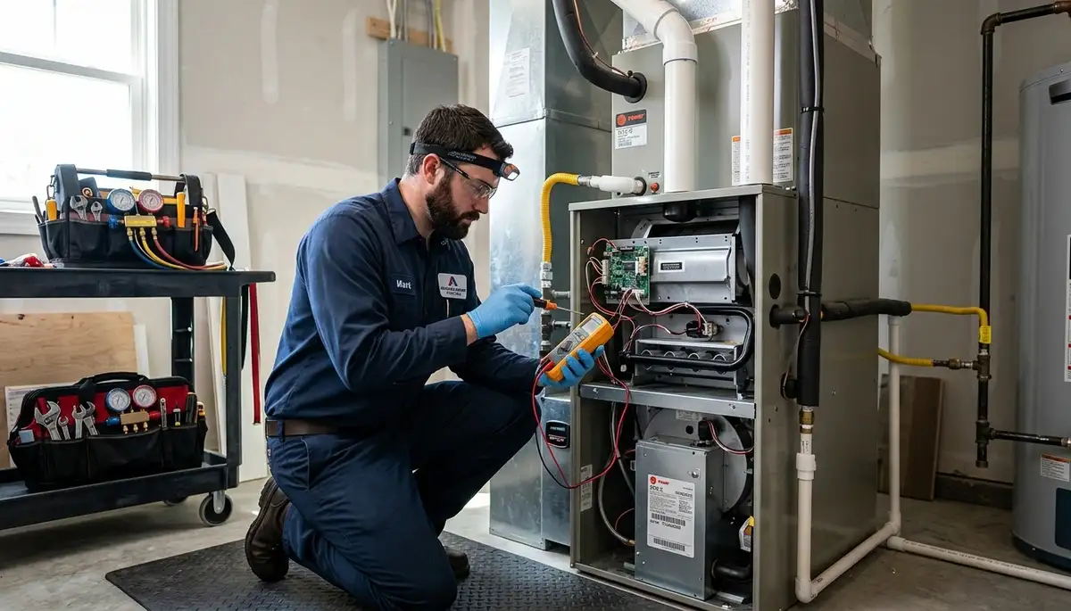 Technician repairing residential furnace for heating service in Sacramento, CA