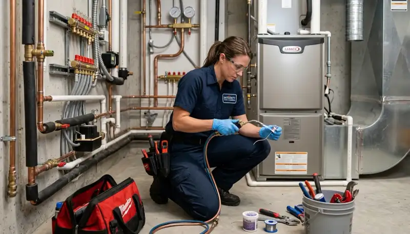 Licensed plumber fixing water leak in Sacramento, CA home for Five Star Cooling plumbing services