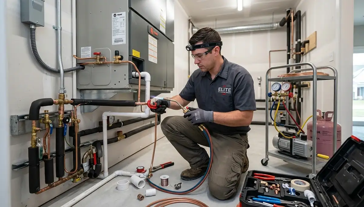 Professional plumber fixing water leak in Sacramento, CA home for Five Star Cooling plumbing services