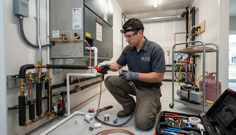 Professional plumber fixing water leak in Sacramento, CA home for Five Star Cooling plumbing services
