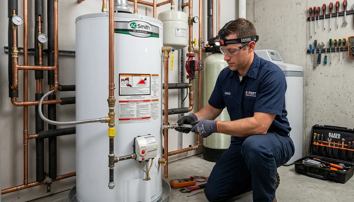 Technician repairing residential water heater in Sacramento, CA for Five Star Cooling service