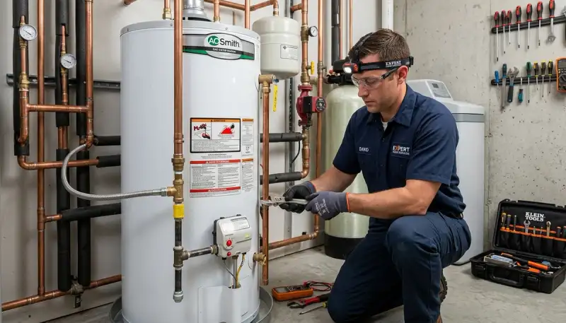 Technician repairing residential water heater in Sacramento, CA for Five Star Cooling service
