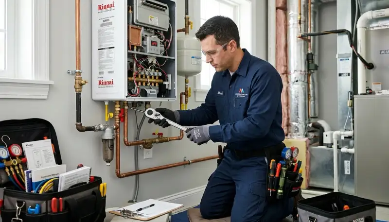Technician repairing residential water heater in Sacramento, CA for Five Star Cooling service page